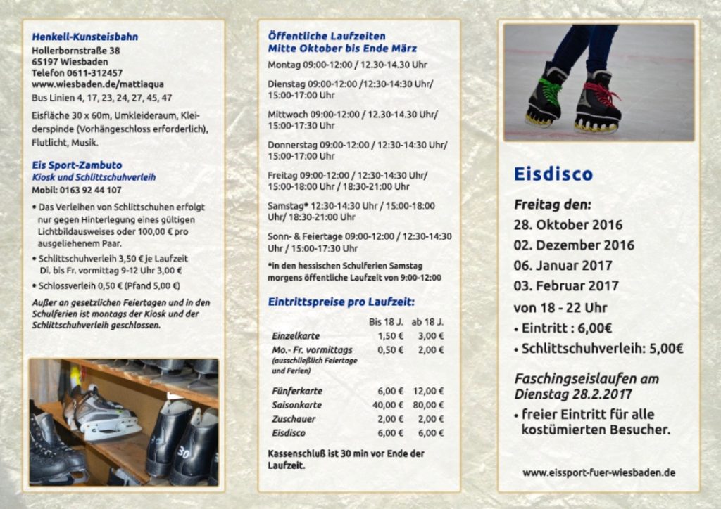 Flyer 16/17 der Henkell-Kunsteisbahn mit Preisen, Öffnungszeiten und Terminen der Eisdisco